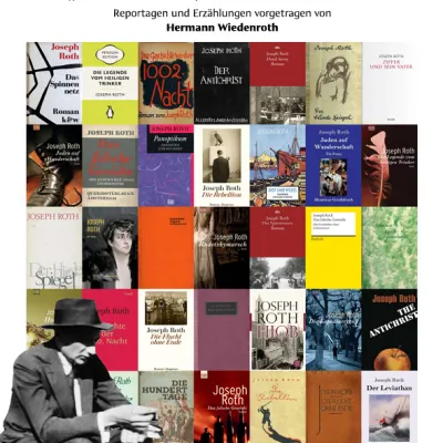 Plakat zur Joseph-Roth-Lesung mit Buchcover-Collage und Autorenfoto.