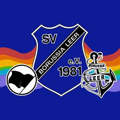 Vereinswappen mit Text: SV Borussia Leer e. V. 1981, Regenbogen im Hintergrund, Schwarze Fahne, Anker mit der Inschrift Borussia Leer