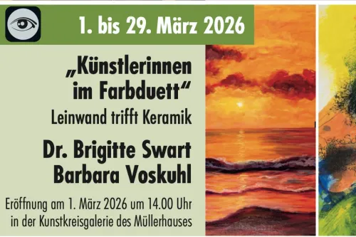Hauptbild der Veranstaltung „Künstlerinnen im Farbduett“ Leinwand trifft Keramik“