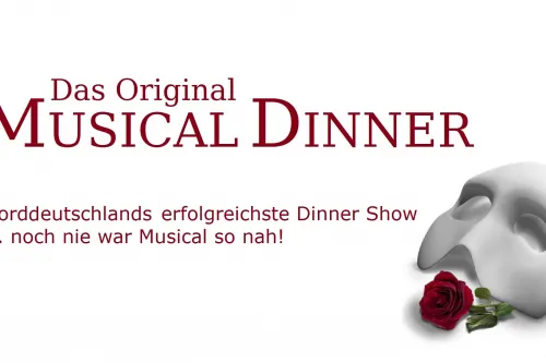 Flyer mit Schriftzug Das Original Musical Dinner und einer weißen Maske mit roter Rose.