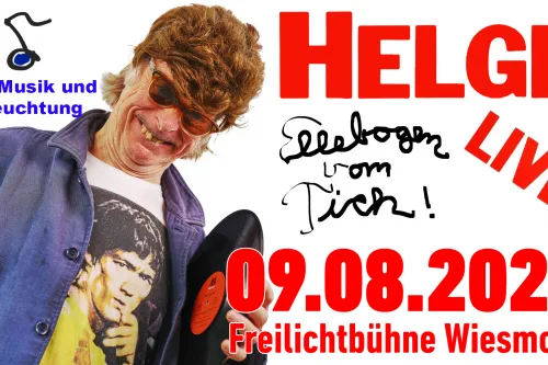 Werbeplakat für das Konzert „Helge Schneider – Ellebogen vom Tich“ am 9. August 2026 in Wiesmoor.