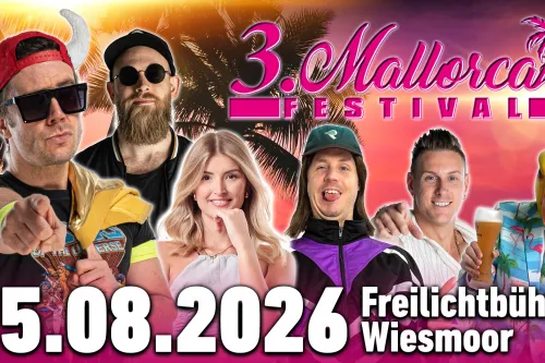 Bunte Festivalwerbung mit Künstlern vor Palmenkulisse, Datum 15.08.2026, Freilichtbühne Wiesmoor