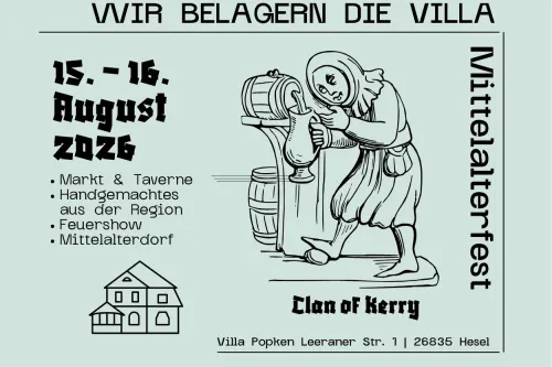 Plakat zum Mittelalterfest an der Villa Popken mit Termin, Programm und Zeichnung einer Schankmaid