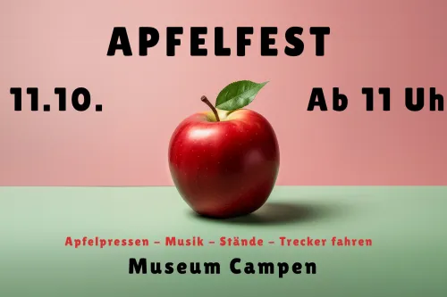 Grafik mit rotem Apfel und Text zum Apfelfest im Museum Campen mit Datum und Programmhinweisen.