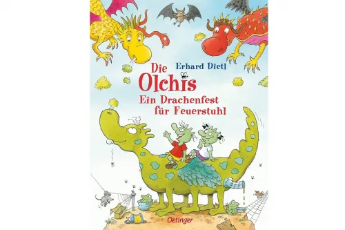 Buchcover: Zwei grüne Olchis reiten auf einem großen, grünen Drachen.