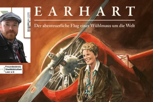 Plakat zur Lesung Earhart mit Autor Torben Kuhlmann, einer Frau und einem Flugzeug.
