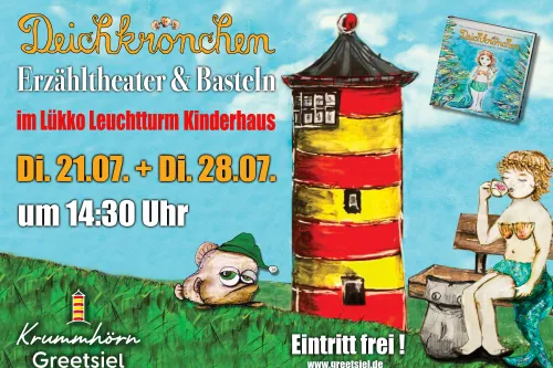 Plakat für das "Deichkrönchen" Erzähltheater: Zeichnung einer Meerjungfrau am Leuchtturm.