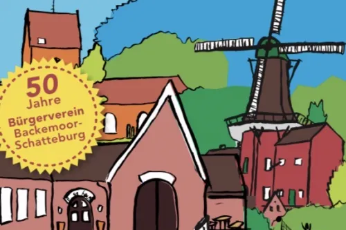 Plakat zum Dorffest in Backemoor / Schatteburg vom 25.-28. Juni 2026. Gezeichnete Dorfszene mit Mühle.