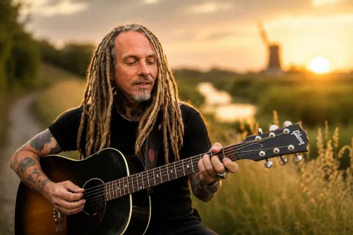 Thomas Kümper mit Dreadlocks spielt Gitarre im Sonnenuntergang vor einer Windmühle.