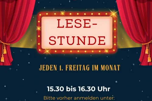 Grafik für die Lesestunde: Rote Theatervorhänge umrahmen eine leuchtende Anzeigetafel.