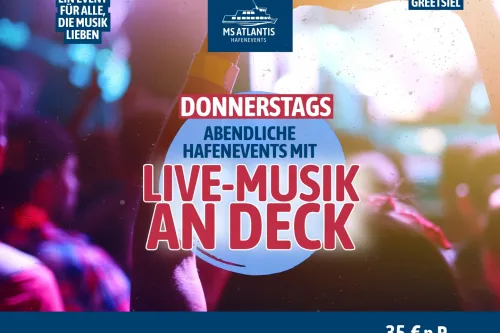 Grafik zu den Hafenevents in Greetsiel: Donnerstags Live-Musik an Deck der MS Atlantis.