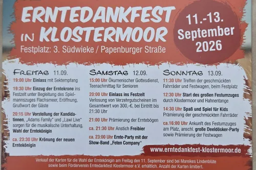 Plakat zum Erntedankfest in Klostermoor mit Programm vom 11. bis 13. September 2026.