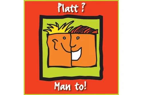 Bunte Grafik mit zwei lachenden Gesichtern und Schriftzug „Platt? Man to!“