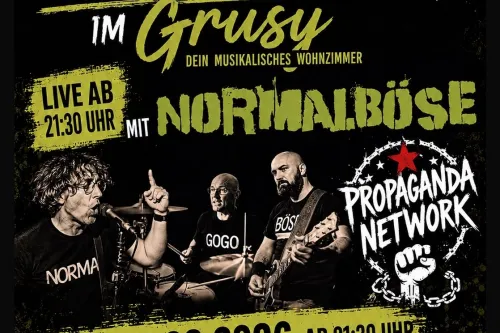 Konzertplakat zur Aftershow-Party im Grusy mit Normalböse und Propaganda Network.