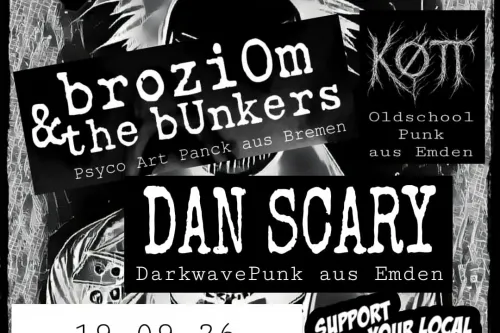 Schwarz-weißes Punk-Konzertplakat „The Weird Side of Punk“ im Grusy Emden.