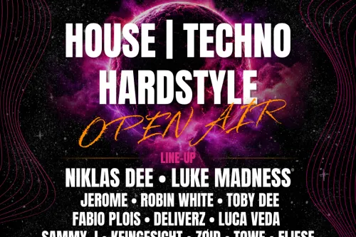 Neon-Festivalplakat: Planet Future Festival, 26.09.2026, House, Techno, Hardstyle.