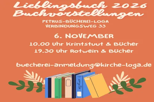 Orangefarbenes Plakat zu Lieblingsbuch 2026 am 6. November mit Bücherillustration.