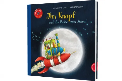 Buchcover „Jim Knopf und die Reise zum Mond“ mit Lokomotive auf Rakete vor Vollmond.