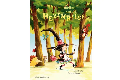 Buchcover „Hermeline auf Hexenreise“ mit kleiner Hexe und Tieren im Wald.