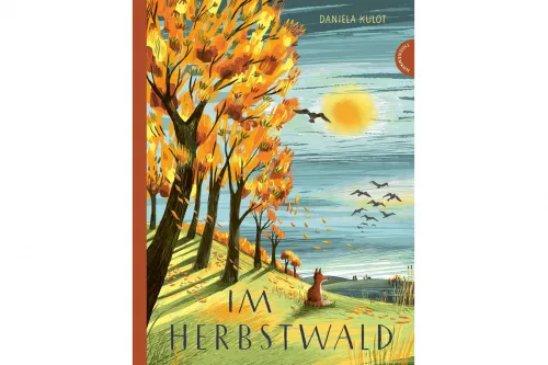 Buchcover „Im Herbstwald“ mit bunten Bäumen, Fuchs, Vögeln und tief stehender Sonne.