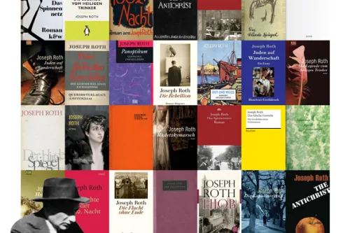 Plakat zur Joseph-Roth-Lesung mit Buchcover-Collage und Autorenfoto.