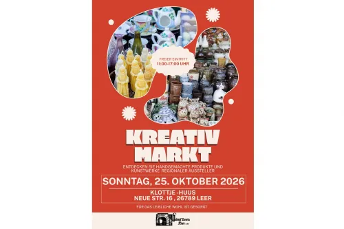 Rotes Plakat zum Kreativmarkt mit Keramik, Kunsthandwerk und Termin am 25. Oktober 2026.