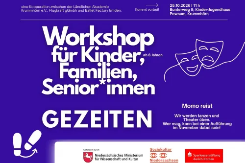 Lila Plakat zum Gezeiten-Workshop mit Theatermasken und Terminangaben.