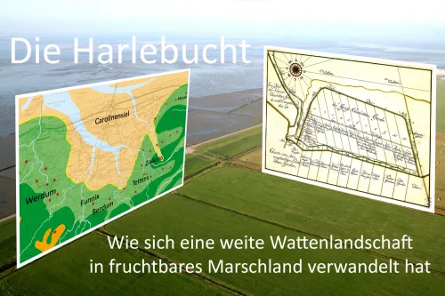 Graphik der Harlebucht um 1300 und historische Karte des Groß Charlottengrodens, eingebettet in Luftbild (Marsch und Wattenmeer)