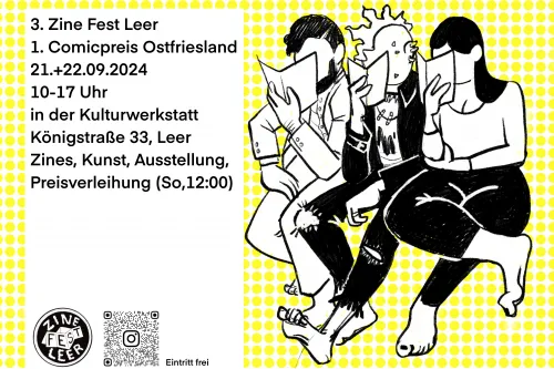 Plakat des Zine Fest Leer mit Informationen. 21. und 22. September 2024 von 10 bis 17 Uhr in der Kulturwerkstatt Leer. Comic-Preisverleihung Sonntagmittag.
