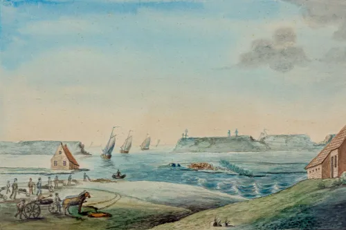 Deichbruch in der Westermarsch beim Dorf Itzendorf im Jahr 1825 - Aquarell von Hinrich Adolph von Lengen aus dem Ostfriesischen Teemuseum Norden