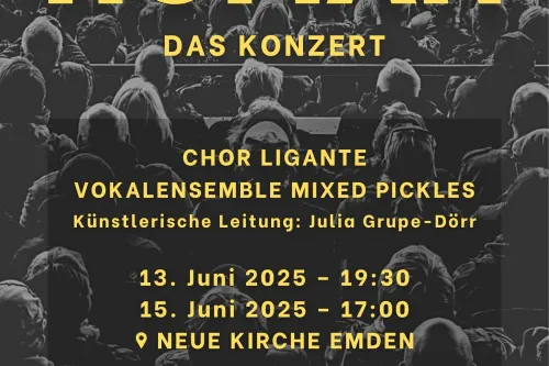 Human – Ein Abend über das Menschsein  Was macht uns zu Menschen? Unser Konzert „Human“ geht dieser Frage musikalisch nach – berührend, kraftvoll und facettenreich. Von „I Am What I Am“ bis „Tears in Heaven“, von stiller Sehnsucht bis zur großen Hymne auf das Leben: Der Chor Ligante entfaltet ein klangliches Panorama über Identität, Verlust, Hoffnung und Verbundenheit. Ein Abend, der unter die Haut geht – mit Pop, Gefühl und echtem Gemeinschaftssinn.