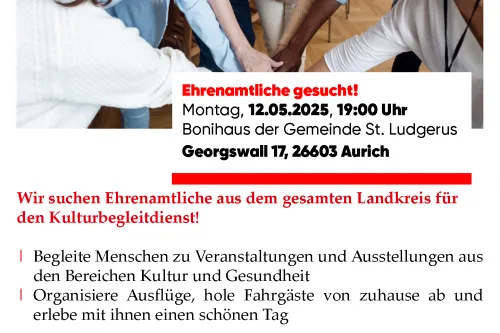 Informationsgrafik mit Datum und Uhrzeit zur Ehrenamtssuche für den neuen Kulturbegleitdienst der Malteser