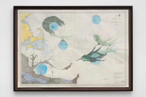 Heike Kabisch, The Oldest Waters (back and forth), 2025. Wasserfarbe, Graphit, Tinte auf historischer Karte