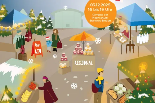 Poster für den Nachhaltigen Feierabend-Weihnachtsmarkt der Hochschule Emden am 03.12.2025 von 16 bis 19 Uhr. Das Bild zeigt Marktstände mit Bio-, regionalen und Fair-Trade-Produkten.