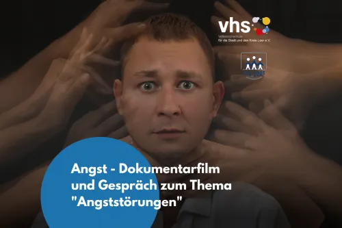 Ein Mann schaut ängstlich mit aufgerissenen Augen in die Kamera, um ihn viele Hande die ihn greifen wollen. Ein Werbeplakat zum Thema Angst als Dokumentarfilm