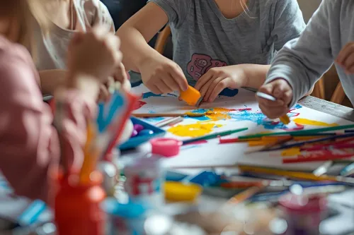 Kinder mit verschiedenen Materialien an einem Tisch sitzend