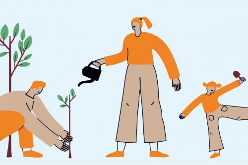 gezeichnete Figuren bei der Gartenarbeit