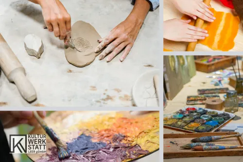 Kollage mit den vier Themen Töpfern, Filzen, Aquarell und Akryl