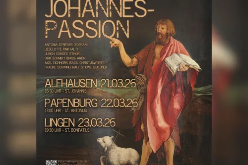 Plakat zur Johannespassion. Konzerte am 21.03. in Alfhausen, 22.03. in Papenburg, 23.03. in Lingen.