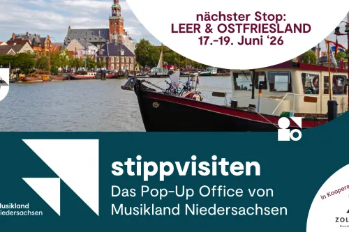 Banner: Stippvisiten in Leer mit einem Bild vom Hafen