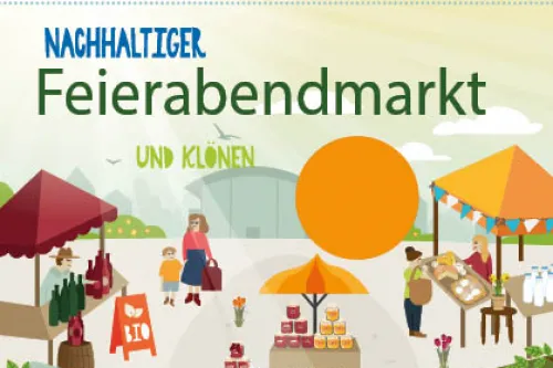 Illustrierter Wochenmarkt mit verschiedenen Ständen, Menschen und regionalen Produkten.