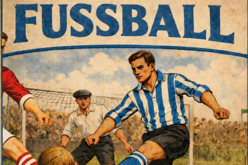 Plakat mit Bild von zwei Fußballspielern und einem Torwart in historisierendem Stil. Darunter in weißer Schrift der Ausstellungstitel 100 Jahre TuS Esens Ball - Rasen - Leidenschaft vom 17. Mai bis zum 16. August 2026.