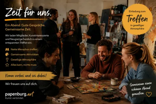 Personen in geselliger Runde, spielend, ein Glas Wein trinkend. Hinweistexte, das Event erläuternd.