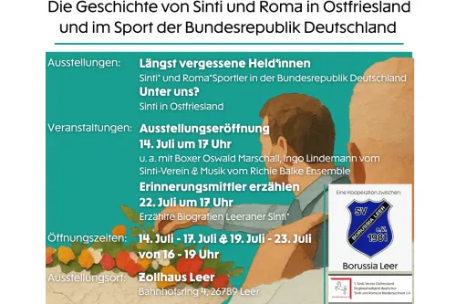 Ein Informationsplakat über die Geschichte von Sinti und Roma in Ostfriesland und im Sport, das in erster Linie alle Informationen zur Veranstaltung enthält.