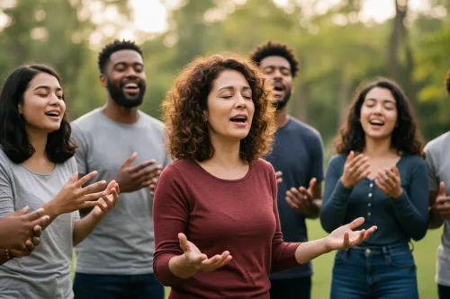 Erwachsene stehen zusammen und singen gemeinsam (mit KI erzeugt)