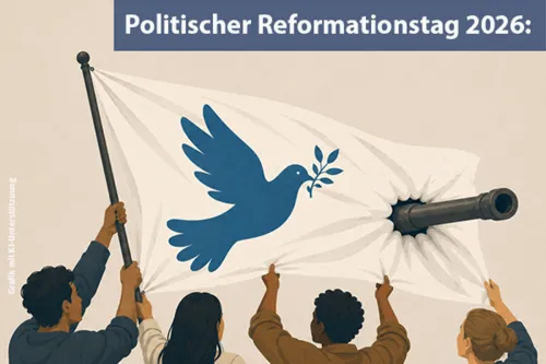 Menschen tragen Friedensbanner von Panzerrohr durchbohrt