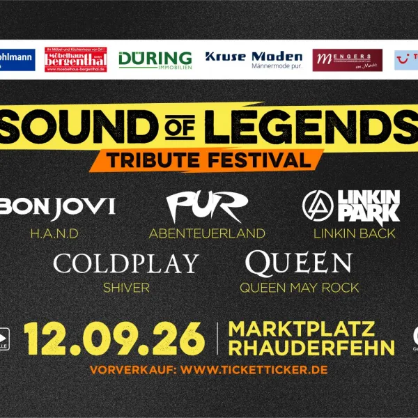 Banner für das Sound of Legends Tribute Festival am 12.09.26 auf dem Marktplatz Rhauderfehn.