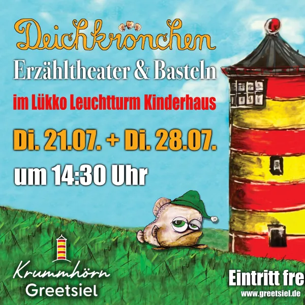 Plakat für das "Deichkrönchen" Erzähltheater: Zeichnung einer Meerjungfrau am Leuchtturm.