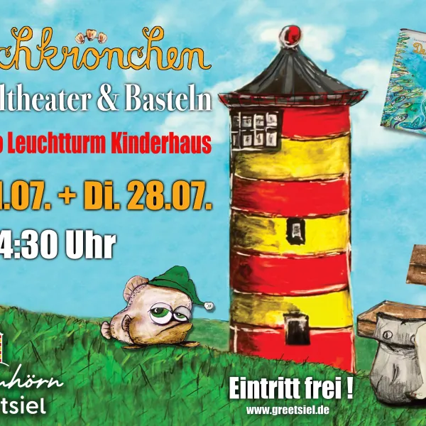 Plakat für das "Deichkrönchen" Erzähltheater: Zeichnung einer Meerjungfrau am Leuchtturm.