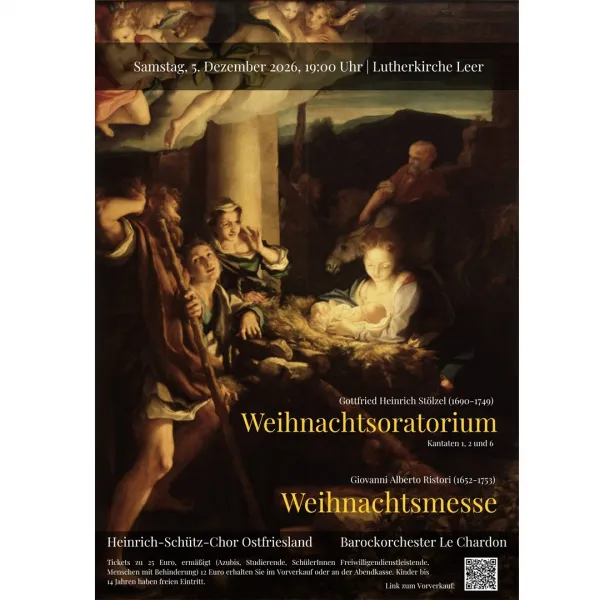 Konzertplakat mit Krippenszene für Weihnachtsoratorium und Weihnachtsmesse in Leer.